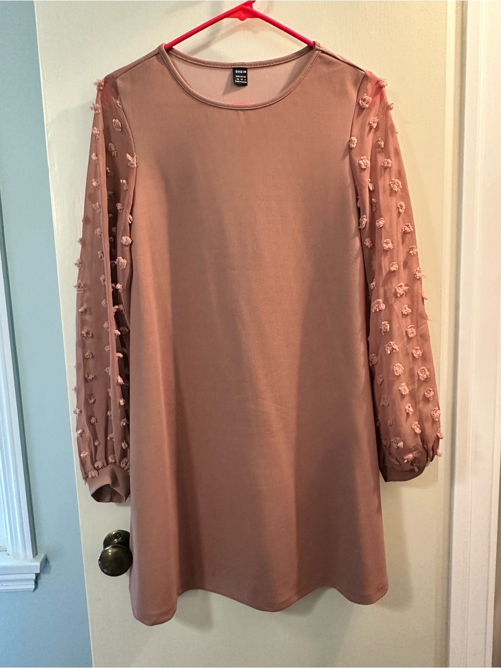 SHEIN Rose Mauve Long-Sleeve Shift Dress with Pom-Pom Mesh Sleeves